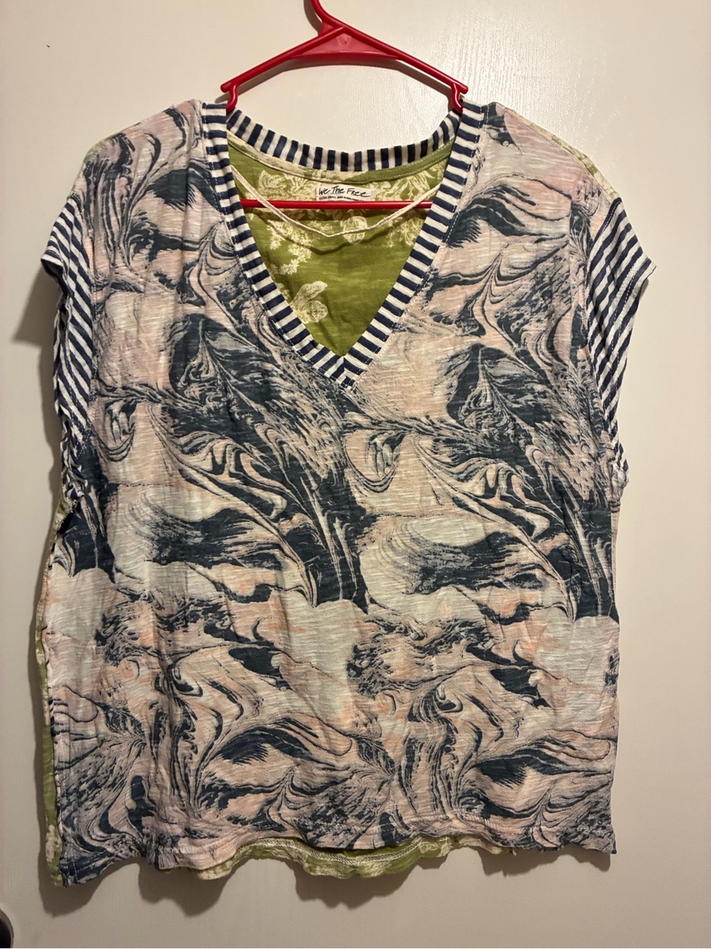 We The Free Marbled Navy & Blush Layered V-Neck Top with Olive Lining